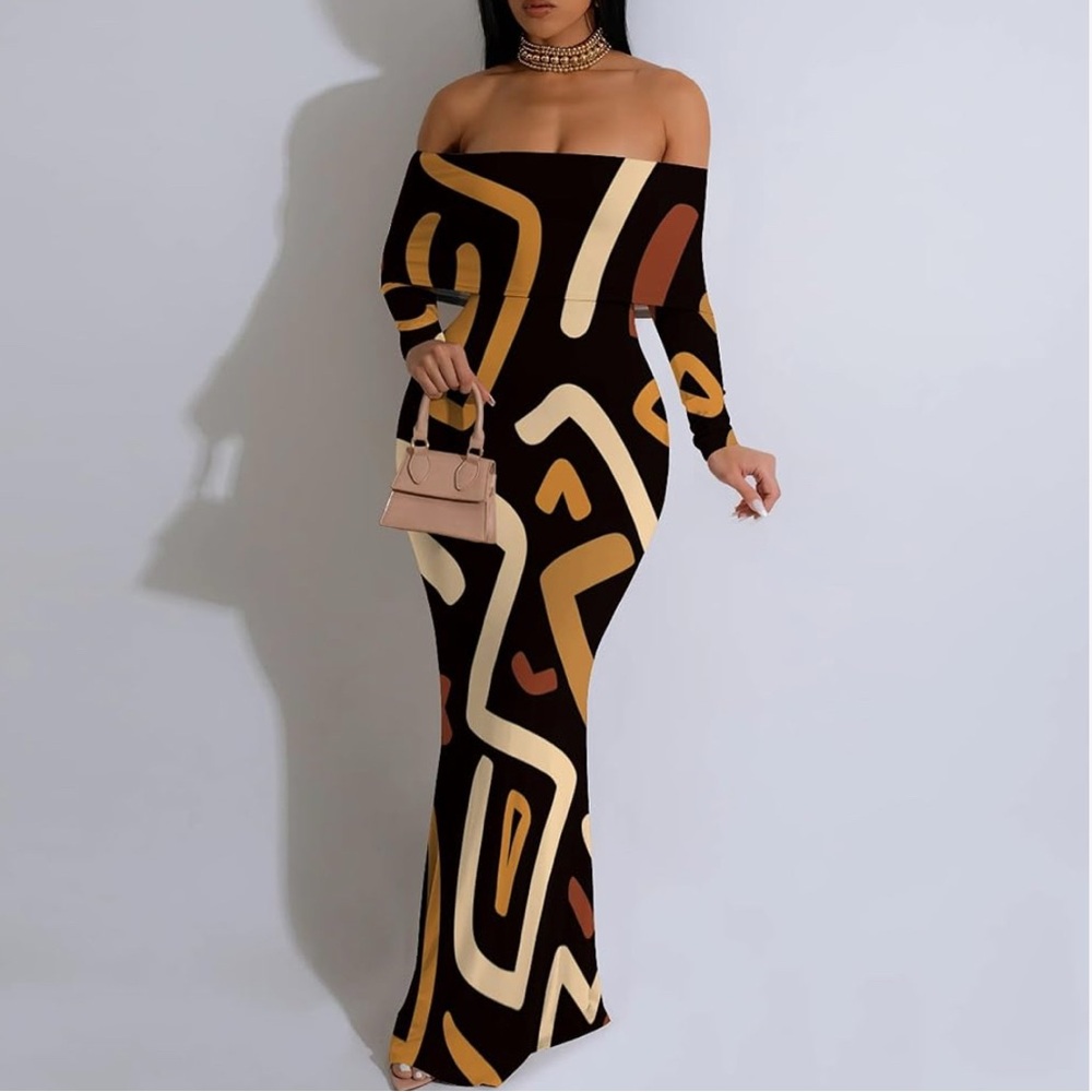 🚨SOLD🚨 Black Animal Print Off-Shoulder Long Sleeve Bodycon Midi Dress NWT